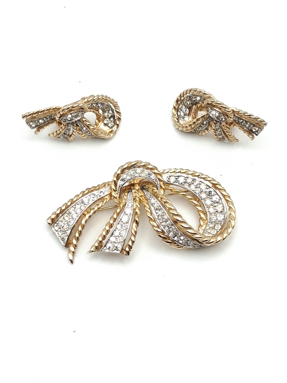 Gold and Silver Bow Brooch and Earring Set with Crystal Accents